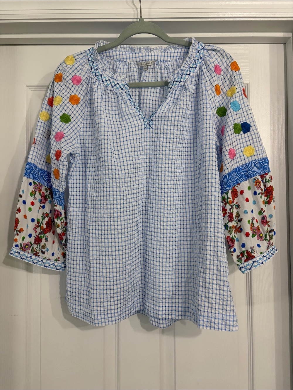 John Mark Embroidered Gingham Mixed Print Blouse Size M